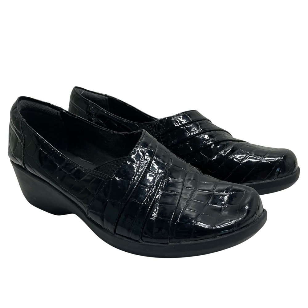 Clarks Collection Womens Black Croc Embossed Patent Wedge Slip On Loafers 8.5 M